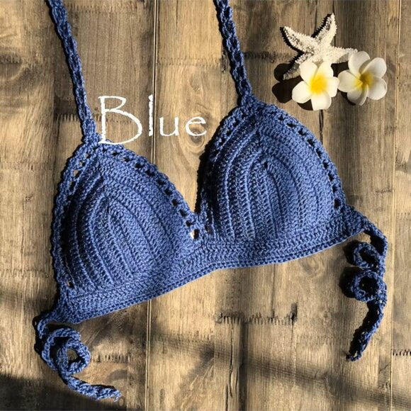 Blue Handmade Crochet Bikini Top Bra Halter Tie Swimwear Beach Boho S-XL - Picture 1 of 4